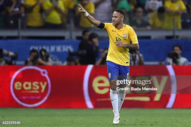 Neymar of Brazil celebrates a scored goal against Argentina during a match between Brazil and Argentina as part of 2018 FIFA World Cup Russia...