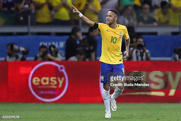 Neymar of Brazil celebrates a scored goal against Argentina during a match between Brazil and Argentina as part of 2018 FIFA World Cup Russia...