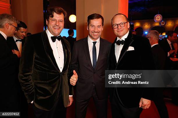 Alexander von Reibnitz, Stephan Scherzer, Conde Nast Publisher Moritz von Laffert attend the GQ Men of the year Award 2016 after show party at...