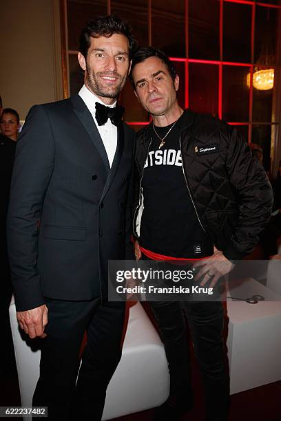 Mark Webber and Justin Theroux attend the GQ Men of the year Award 2016 after show party at Komische Oper on November 10, 2016 in Berlin, Germany.