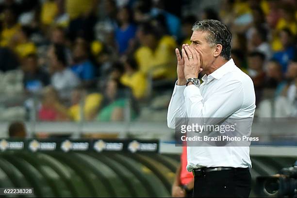 Edgardo Bauza coach of Argentina gives intructions to his players during a match between Argentina and Brazil as part of FIFA 2018 World Cup...