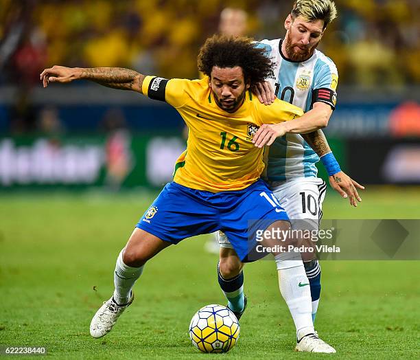 Marcelo of Brazil and Messi of Argentina battle for the ball during a match between Brazil and Argentina as part 2018 FIFA World Cup Russia Qualifier...