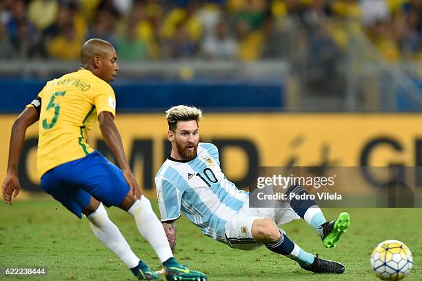 Fernandinho of Brazil and Messi of Argentina battle for the ball during a match between Brazil and Argentina as part 2018 FIFA World Cup Russia...