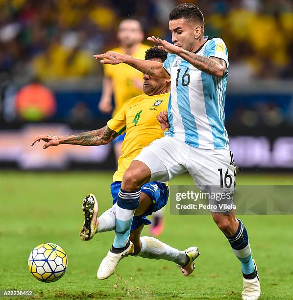 Dani Alves of Brazil and Angel Correa of Argentina battle for the ball during a match between Brazil and Argentina as part 2018 FIFA World Cup Russia...