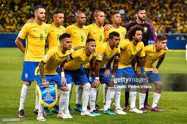 Players of Brazil pose for a photo before a match between Brazil and Argentina as part 2018 FIFA World Cup Russia Qualifier at Mineirao stadium on...