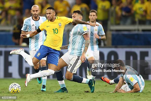 Neymar of Brazil struggles for the ball with Nicolas Otamendi of Argentina during a match between Brazil and Argentina as part of 2018 FIFA World Cup...