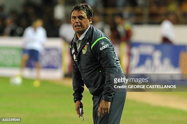 Bolivia's coach Angel Guillermo Hoyos gestures during their WC 2018 qualifier football match against Venezuela, in Maturin, Venezuela, on November...