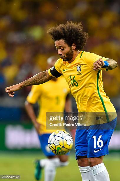Marcelo of Brazil controls the ball duing a match between Brazil and Argentina as part 2018 FIFA World Cup Russia Qualifier at Mineirao stadium on...
