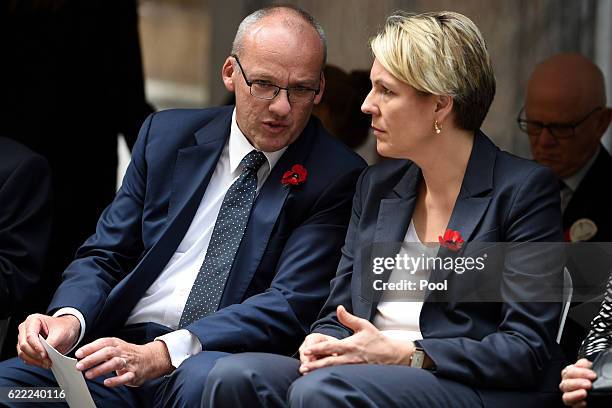 Opposition Leader Luke Foley speaks with Federal Deputy leader of the Opposition Tanya Plibersek prior to the Remembrance Day service at the Cenotaph...