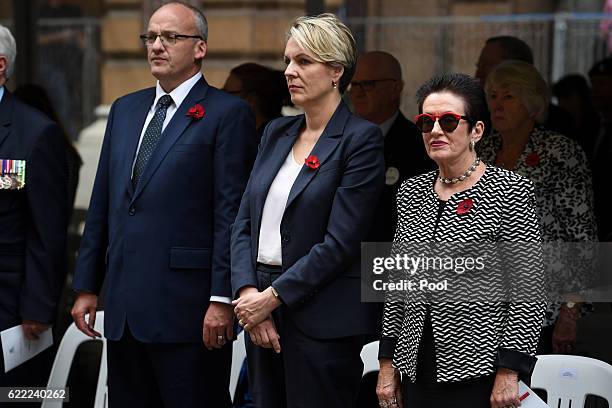Opposition Leader Luke Foley, Federal Deputy leader of the Opposition Tanya Plibersek and Sydney Lord Mayor Clover Moore watch on during the...