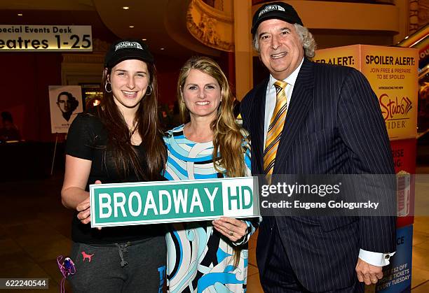 Leah Lane, Bonnie Comley, and Stewart F. Lane attend the BroadwayHD First Anniversary Party at AMC Empire Theatre on November 10, 2016 in New York...