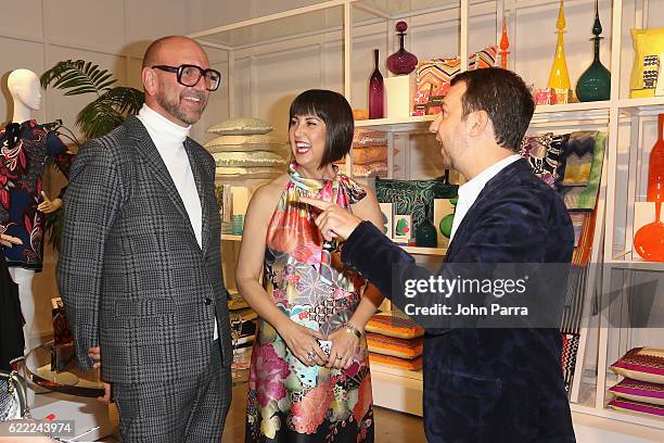 Designers Jonathan Skow, Trina Turk and Editor in Chief at Ocean Drive Magazine Jared Shapiro attend the Trina Turk And Mr Turk Miami Boutique Grand...