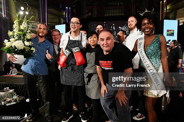 Spike Mendelsohn, Mike Curtin, Samuel Kim, Theary So, Jose Andres, Andrew Markert, and Miss District of Columbia Cierra Jackson celebrate on stage at...