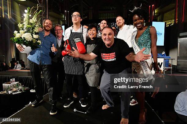 Spike Mendelsohn, Mike Curtin, Samuel Kim, Theary So, Jose Andres, Andrew Markert, and Miss District of Columbia Cierra Jackson celebrate on stage at...