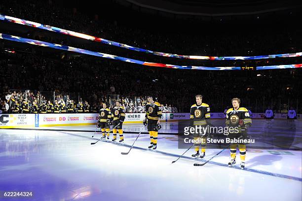 Starting line up of the Boston Bruins during the national anthem before the game against the Columbus Blue Jackets at the TD Garden on November 10,...