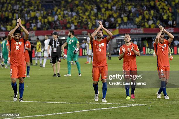 Gonzalo Jara, Mauricio Isla, Marcelo Diaz and Jose Pedro Fuenzalida greet the fans after a match between Colombia and Chile as part of FIFA 2018...