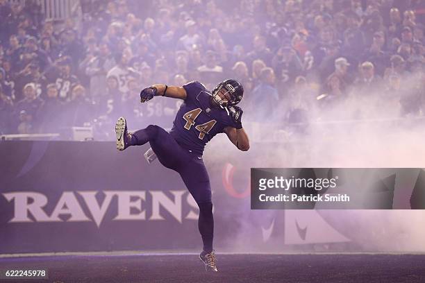 Fullback Kyle Juszczyk of the Baltimore Ravens is introduced prior to a game against the Cleveland Browns at M&T Bank Stadium on November 10, 2016 in...