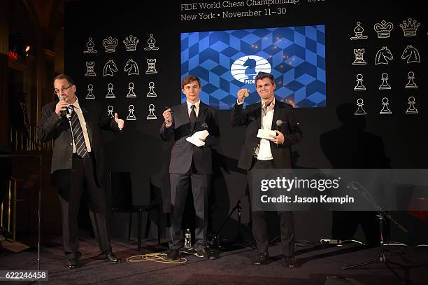 Deputy Chairman of the Board of Directors, PHOSAGRO Andrey G. Guryev, Chess grandmaster Sergey Karjakin and Reigning Chess Champion Magnus Carlsen...