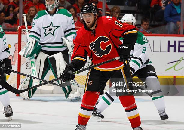 Linden Vey of the Calgary Flames battles against the Dallas Stars at Scotiabank Saddledome on November 10, 2016 in Calgary, Alberta, Canada.