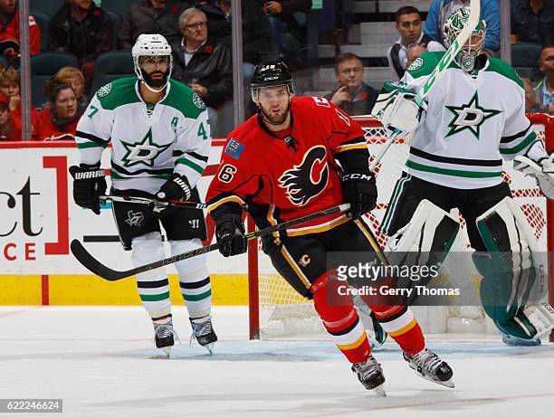 Linden Vey of the Calgary Flames skates against the Dallas Stars at Scotiabank Saddledome on November 10, 2016 in Calgary, Alberta, Canada.