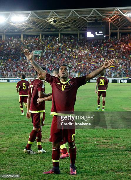 Josef Martinez of Venezuela celebrates after teammate Mikel Villanueva scored the third goal of his team during a match between Venezuela and Bolivia...