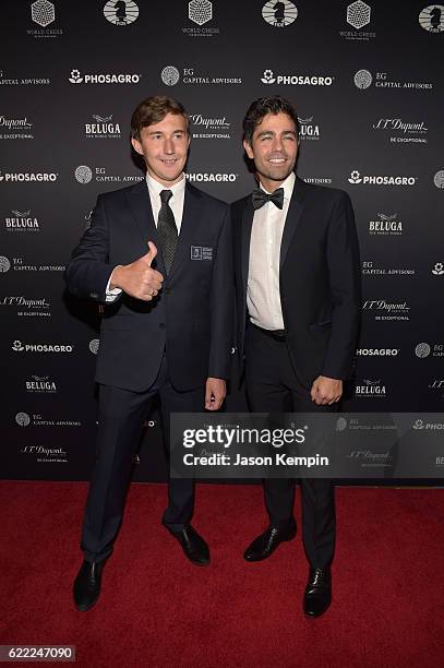 Chess grandmaster Sergey Karjakin and Actor, host Adrian Grenier attend 2016 Gala Opening for World Chess Championship at The Plaza Hotel on November...