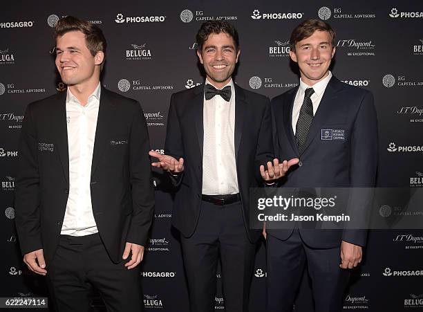 Reigning Chess Champion Magnus Carlsen, Actor, host Adrian Grenier and Chess grandmaster Sergey Karjakin attend 2016 Gala Opening for World Chess...