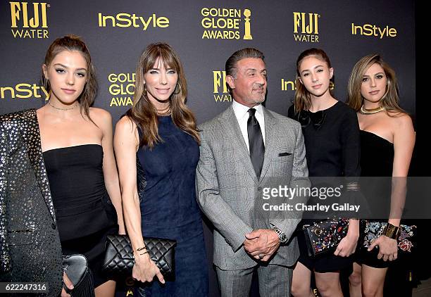 Jennifer Flavin and Sylvester Stallone pose with 2016 Miss Golden Globes Sistine Stallone, Scarlet Stallone, and Sophia Stallone at the Hollywood...