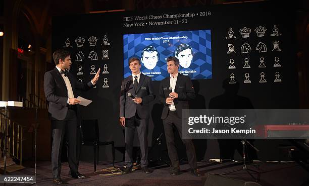 Actor, host Adrian Grenier, Chess grandmaster Sergey Karjakin and Reigning Chess Champion Magnus Carlsen attend 2016 Gala Opening for World Chess...