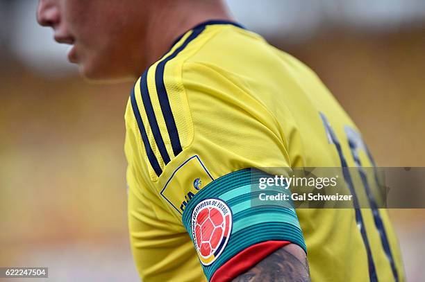 Detail of James Rodriguez of Colombia arm band during a match between Colombia and Chile as part of FIFA 2018 World Cup Qualifiers at Metropolitano...