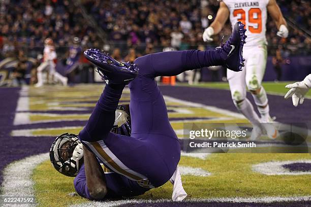 Wide receiver Breshad Perriman of the Baltimore Ravens scores a fourth quarter touchdown against the Cleveland Browns at M&T Bank Stadium on November...