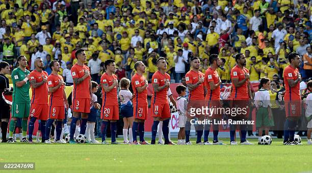 Players of Chile sing their national anthem prior a match between Colombia and Chile as part of FIFA 2018 World Cup Qualifiers at Metropolitano...