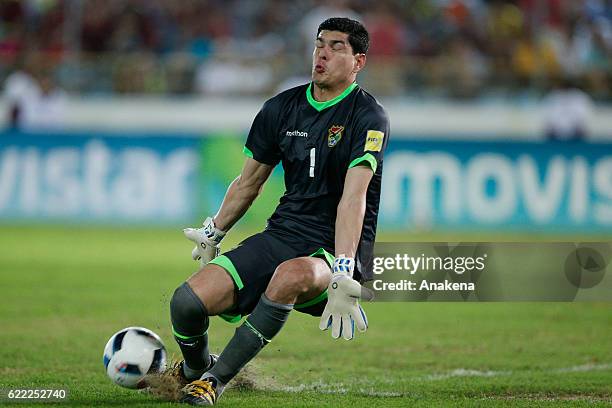 Carlos Lampe of Bolivia saves a goal during a match between Venezuela and Bolivia as part of FIFA 2018 World Cup Qualifiers at Monumental de Maturin...