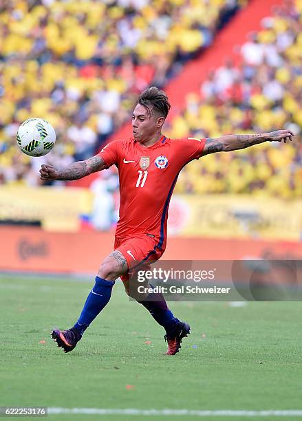 Eduardo Vargas of Chile prepares to kick the ball during a match between Colombia and Chile as part of FIFA 2018 World Cup Qualifiers at...