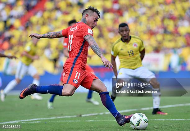 Eduardo Vargas of Chile prepares to kick the ball during a match between Colombia and Chile as part of FIFA 2018 World Cup Qualifiers at...