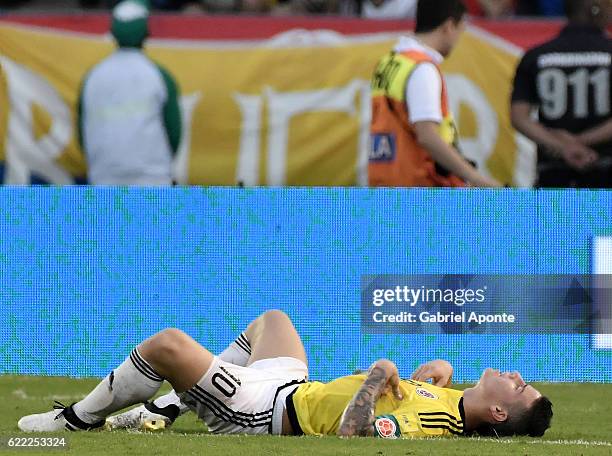 James Rodriguez of Colombia reacts after missing a chance to score during a match between Colombia and Chile as part of FIFA 2018 World Cup...