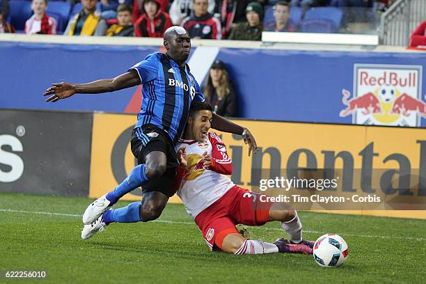 November 06: Gonzalo Veron of New York Red Bulls is challenged by Hassoun Camara of Montreal Impact during the New York Red Bulls Vs Montreal Impact...