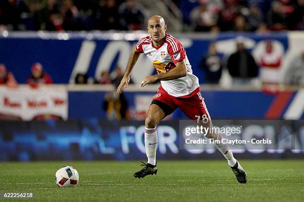 November 06: Aurelien Collin of New York Red Bulls in action during the New York Red Bulls Vs Montreal Impact MLS playoff match at Red Bull Arena,...