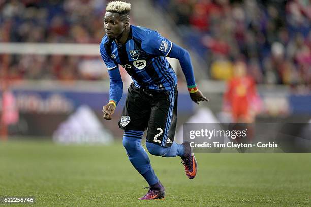 November 06: Ambroise Oyongo of Montreal Impact during the New York Red Bulls Vs Montreal Impact MLS playoff match at Red Bull Arena, Harrison, New...