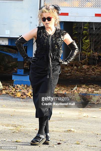 Actress Helena Bonham Carter is seen on the set of 'Ocean's Eight' in the Brooklyn borough of New York City on November 10, 2016 in New York City.