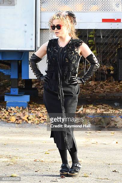 Actress Helena Bonham Carter is seen on the set of 'Ocean's Eight' in the Brooklyn borough of New York City on November 10, 2016 in New York City.
