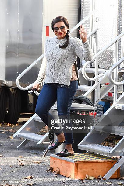 Actress Mindy Kaling is seen on the set of 'Ocean's Eight' on November 8, 2016 in the Brooklyn borough of New York City on November 10, 2016 in New...