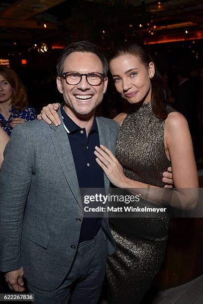 Actors Christian Slater and Stephanie Corneliussen attend the Hollywood Foreign Press Association and InStyle celebrate the 2017 Golden Globe Award...