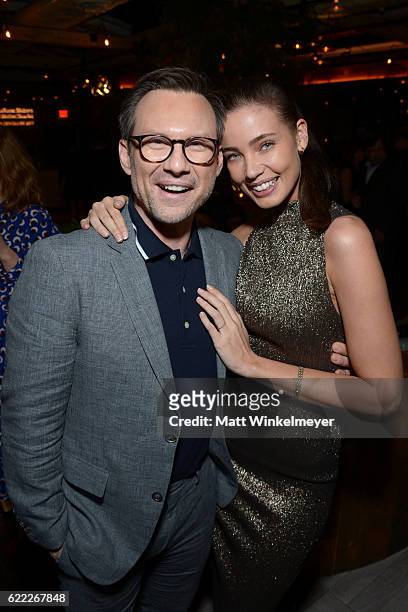 Actors Christian Slater and Stephanie Corneliussen attend the Hollywood Foreign Press Association and InStyle celebrate the 2017 Golden Globe Award...