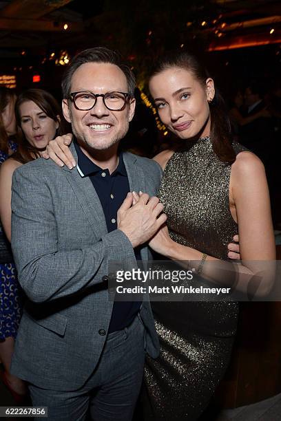 Actors Christian Slater and Stephanie Corneliussen attend the Hollywood Foreign Press Association and InStyle celebrate the 2017 Golden Globe Award...