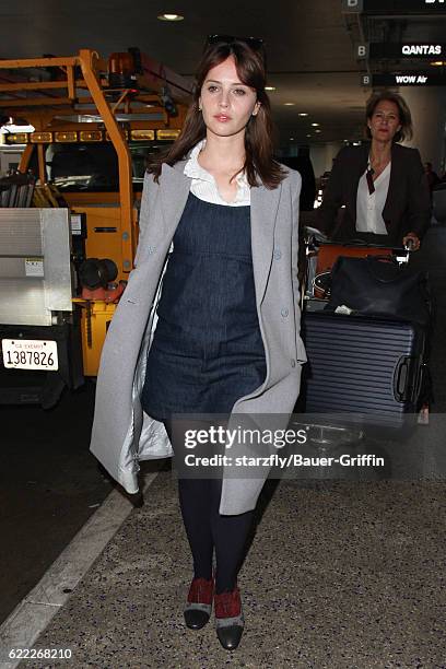 Felicity Jones is seen at LAX on November 09, 2016 in Los Angeles, California.