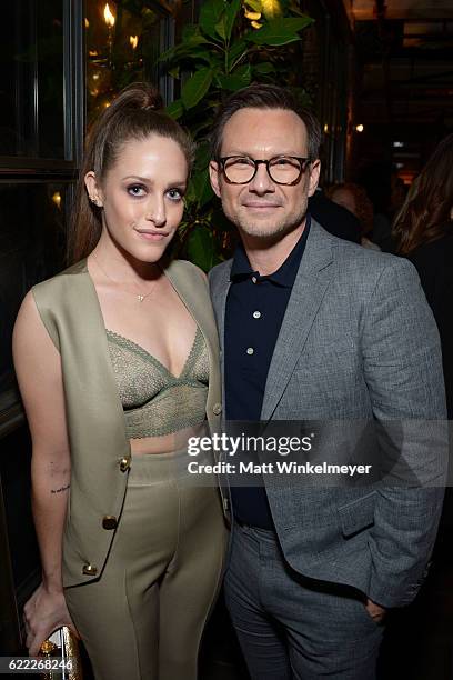 Actors Carly Chaikin and Christian Slater attend the Hollywood Foreign Press Association and InStyle celebrate the 2017 Golden Globe Award Season at...