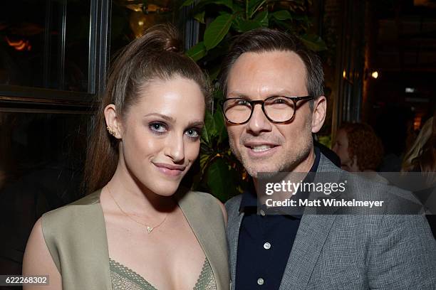 Actors Carly Chaikin and Christian Slater attend the Hollywood Foreign Press Association and InStyle celebrate the 2017 Golden Globe Award Season at...