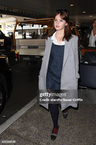 Felicity Jones is seen at LAX on November 09, 2016 in Los Angeles, California.