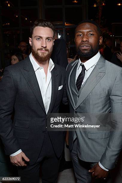 Actors Aaron Taylor-Johnson and Trevante Rhodes attend the Hollywood Foreign Press Association and InStyle celebrate the 2017 Golden Globe Award...